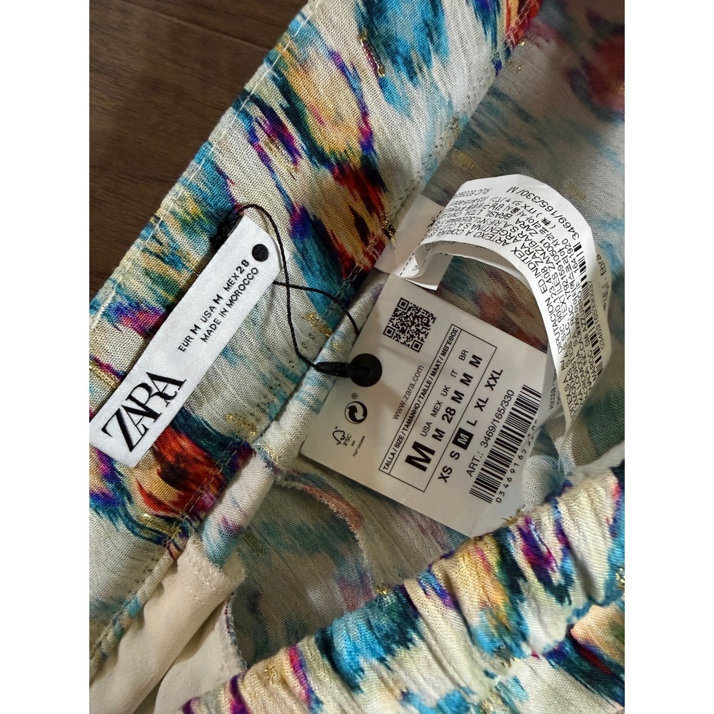 NWT Zara Womens Ikat Abstract Print Metallic‎ Relaxed Pants Blue Orange Medium - Picture 2 of 8